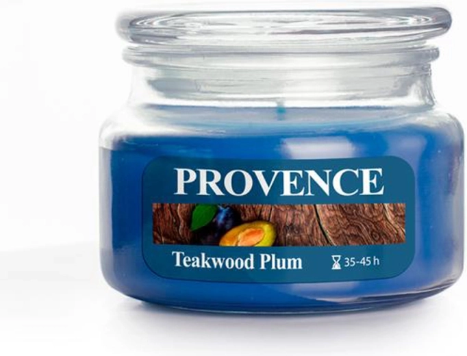 Bougie parfumée en verre Provence bois de teck et prune 45 h