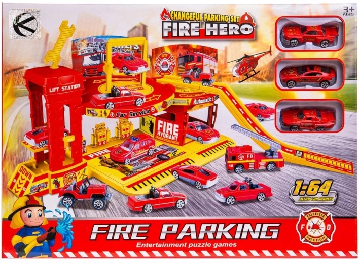 Garage de stationnement de pompiers avec 3 petites voitures - 1 pièce