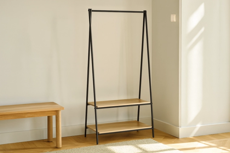 Portant autoportant avec 2 étagères 80 × 40 × 160 cm, métal et bois, design loft