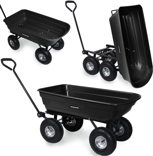 Chariot de transport de jardin avec benne basculante et roues pivotantes, noir