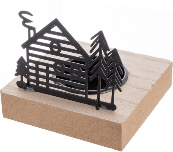Bougeoir décoratif en forme de petite maison en bois et métal 8 × 8 × 7 cm