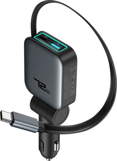 Chargeur de voiture Renew Force 3-en-1 72 W avec câble rétractable USB-C