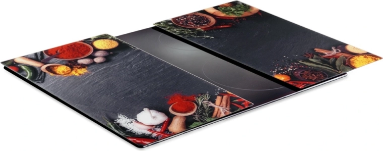 Planches à découper en verre Vilde et cache-plaque de cuisson motif épices 60 × 52 cm, 2 pièces