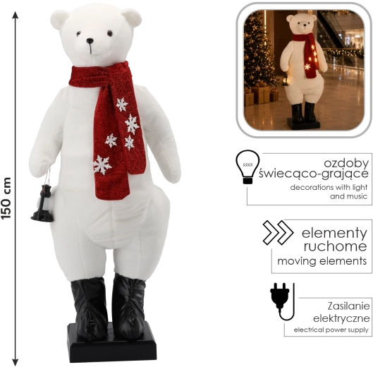 Décoration de Noël ours polaire de 150 cm avec éclairage LED, mélodie et mouvement