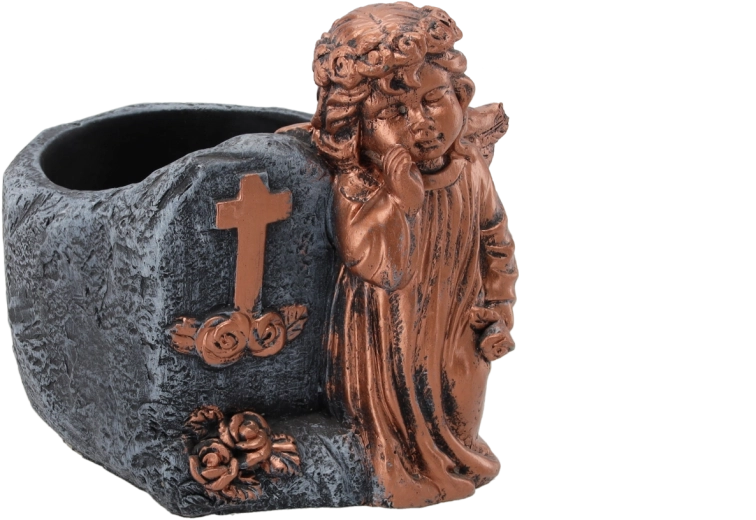 Vase funéraire en ciment avec petit ange, teinte cuivrée 16 × 14 × 15,5 cm