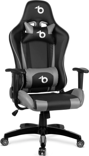 Chaise gaming grise avec coussin lombaire et appuie-tête
