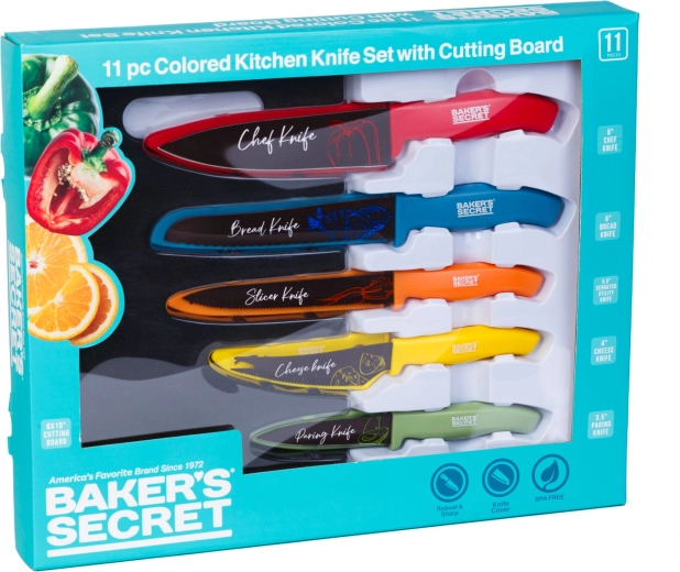 Baker's Secret ensemble de 11 couteaux de cuisine colorés avec planche à découper