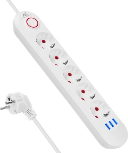 Multiprise parafoudre rallonge 5 prises avec 3× USB, blanc