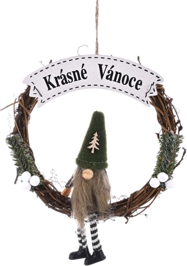Couronne de Noël en bois avec lutin et inscription « Joyeux Noël »