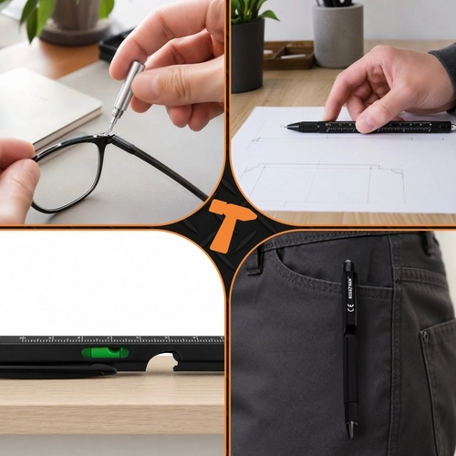 Règle et niveau à bulle directement sur le corps du stylo