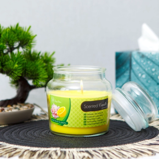 Bougie parfumée au citron doux et à la pivoine avec couvercle, 310 g
