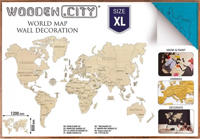 WOODEN CITY carte du monde 3D en bois à accrocher au mur XL – Bleu
