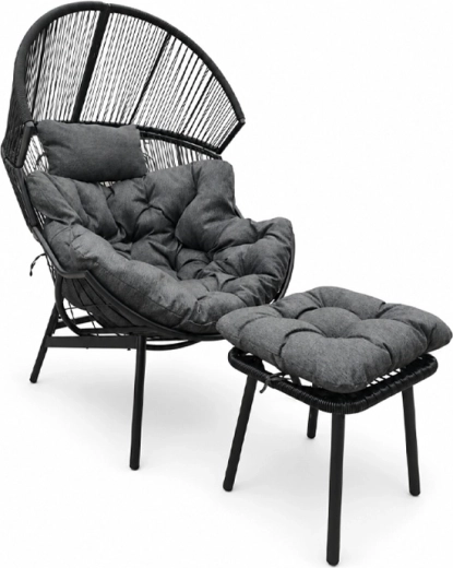 Fauteuil de jardin œuf avec repose-pieds et coussins, noir