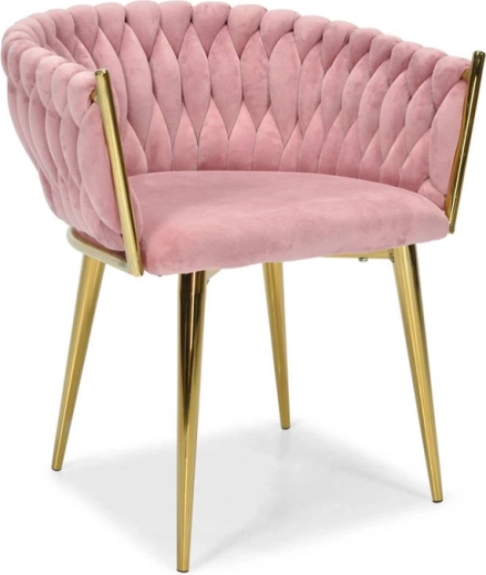 Chaise glamour en velours rose poudré avec pieds dorés et revêtement tressé