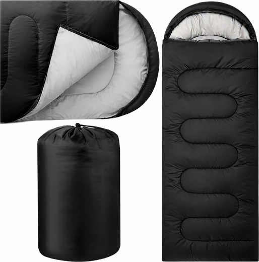 Sac de couchage de randonnée momie 2-en-1 210 × 75 cm avec capuche, noir