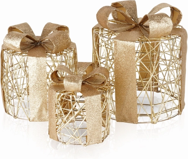 Ensemble de 3 boîtes cadeaux lumineuses en fil doré