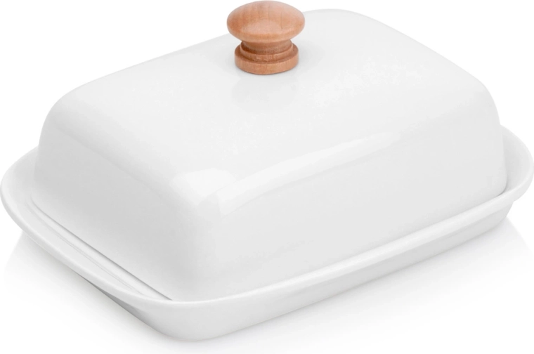Beurrier en céramique blanc avec poignée en bois