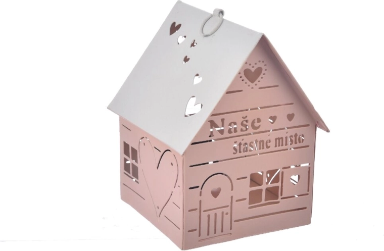 Petite maison en métal rose pour bougie avec cœur « Notre »