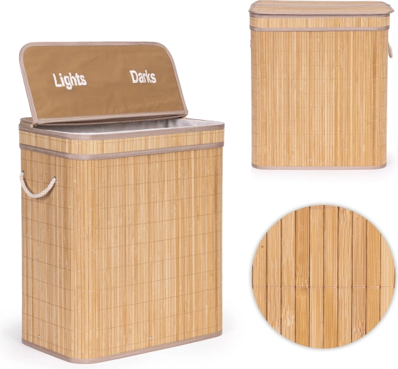 Panier à linge ModernHome en bambou 100 l avec 2 compartiments et couvercle
