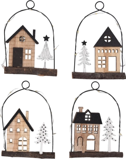Décoration suspendue en forme de maisonnette avec éclairage LED (bois et métal)