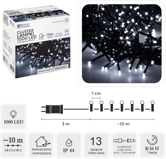Guirlande lumineuse LED cluster 1000 LED blanc froid 10 m