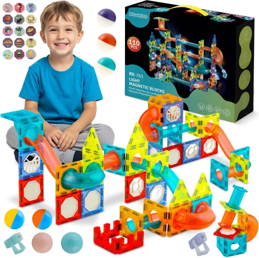 Jeu de construction magnétique lumineux avec circuit de billes Ricokids, plus de 100 pièces