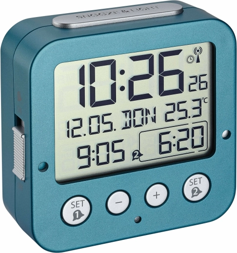 Réveil numérique TFA radiocommandé avec thermomètre, turquoise