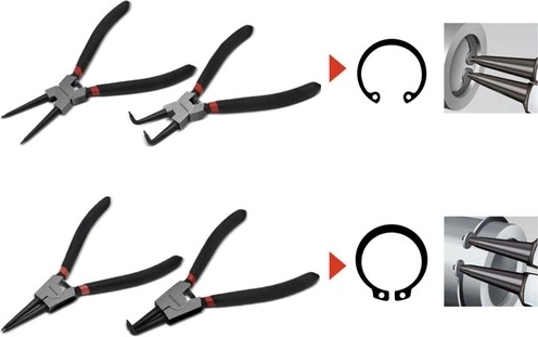 4 versions différentes pour circlips intérieurs et extérieurs