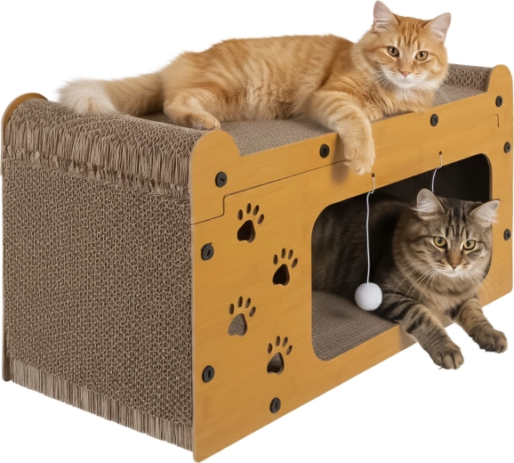 Griffoir pour chat Purlov avec maisonnette 3 en 1, à deux niveaux (carton ondulé éco + HDF) - 1 pièce