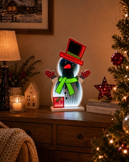 Décoration de Noël 3D LED bonhomme de neige avec effet miroir Infinity - 1 pièce