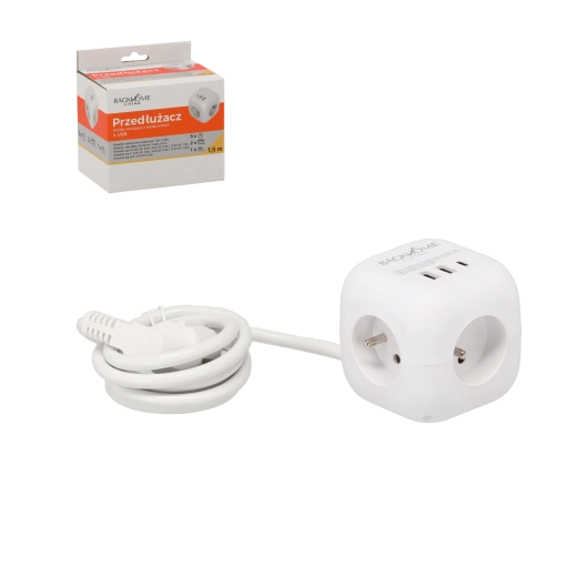 Multiprise cube 3×230 V et 3× USB, 1,5 m, blanche