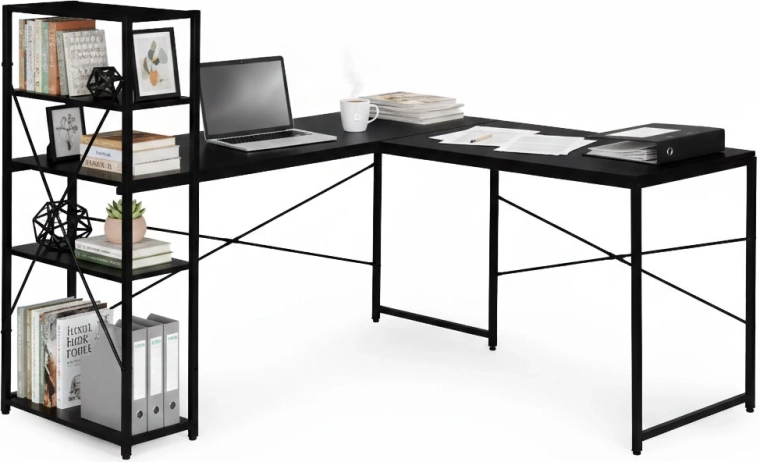 Bureau d’angle pour ordinateur avec étagères, 3 niveaux, style loft noir ModernHome