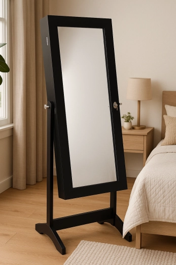 Boîte à bijoux noire avec miroir sur pied 41,5 × 36,5 × 147 cm