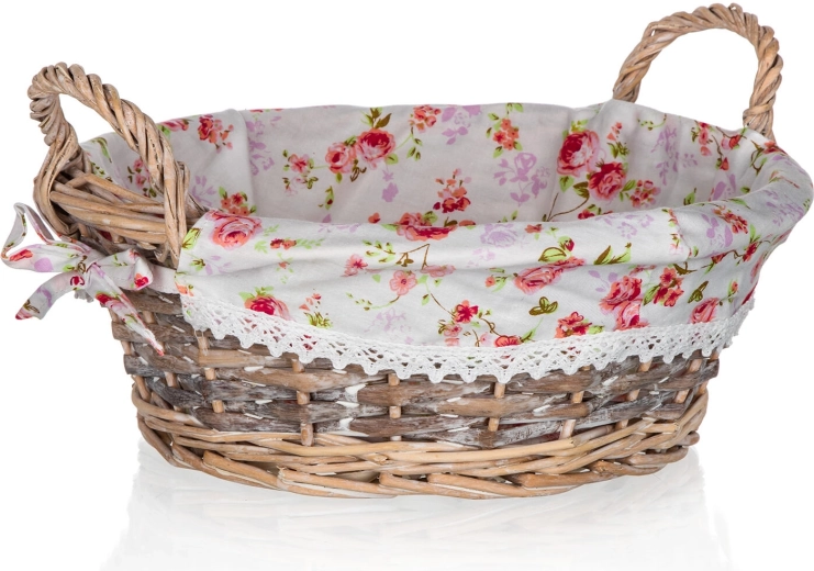 Panier rond en osier avec tissu ROSES 30 × 12 cm avec poignées