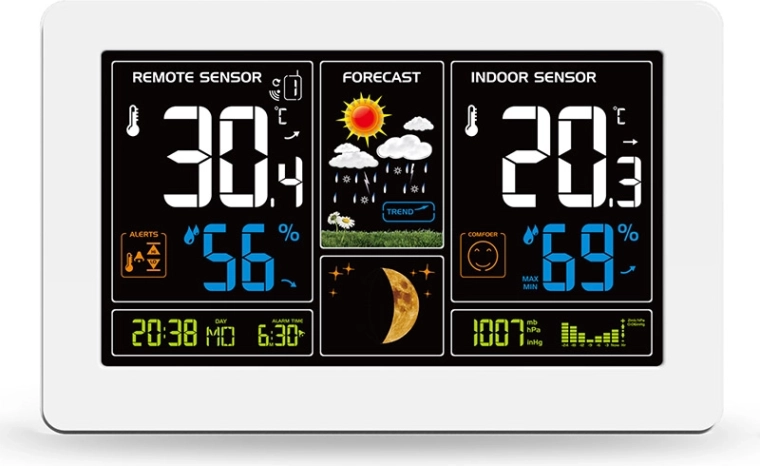 Station météo Solight avec écran LCD couleur extra-large et charge USB, blanche