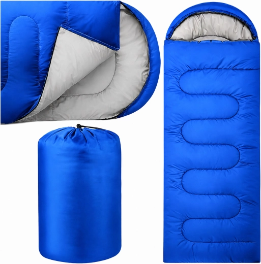 Sac de couchage de randonnée momie 2-en-1 avec capuche 210 × 70 cm, bleu