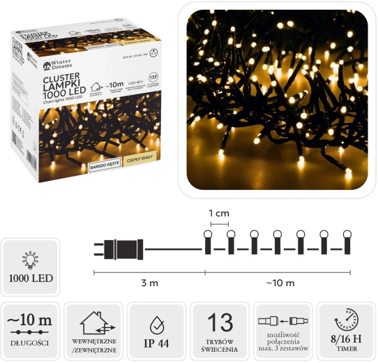 Guirlande lumineuse LED Cluster 1000 LED blanc chaud 10 m