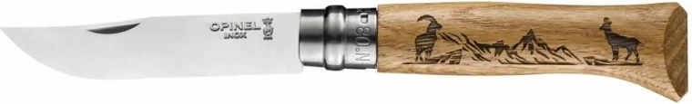 Opinel N°08 Inox Animalia couteau de poche 8,5 cm, bois de chêne, motif chamois