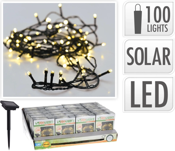 Guirlande de Noël LED solaire 2 m, 100 LED, blanc chaud, fil vert