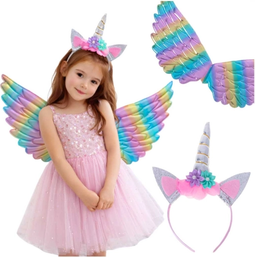 Costume de licorne pour enfant avec ailes arc-en-ciel et serre-tête
