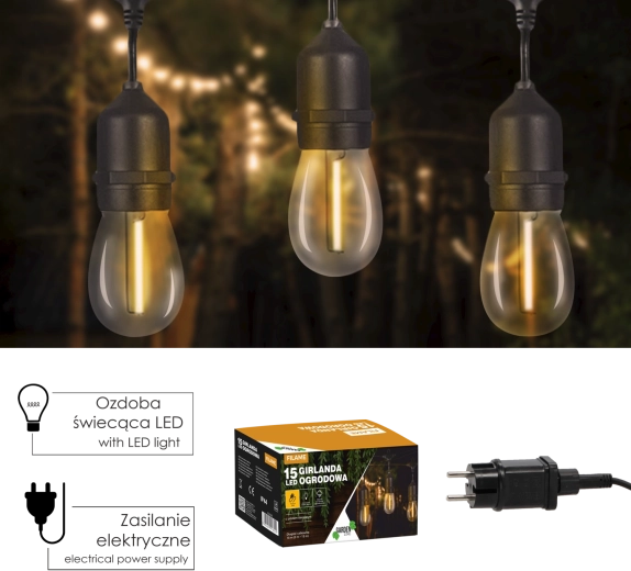 Guirlande LED de jardin FILAME avec télécommande, 18 m, 15 ampoules, blanc chaud