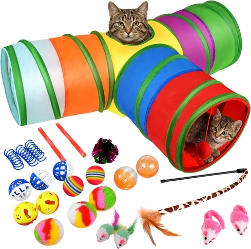 Ensemble de jouets Purlov pour chats 24 pcs avec tunnel et canne à plume