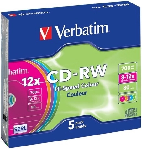 Verbatim CD-RW Colour 700 Mo 12x en boîtier Slim Case - 5 pièces