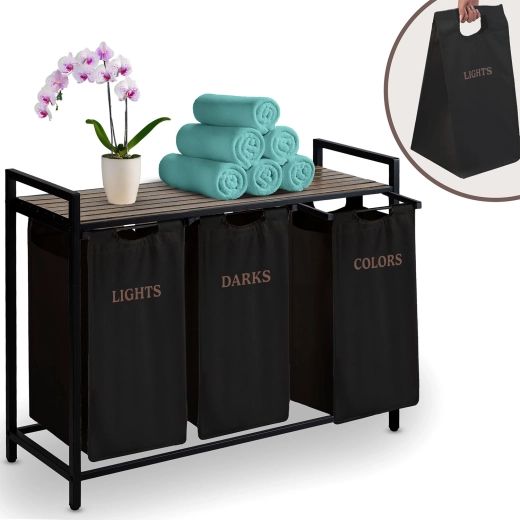 Panier à linge à trois compartiments Massido avec étagère 120 l