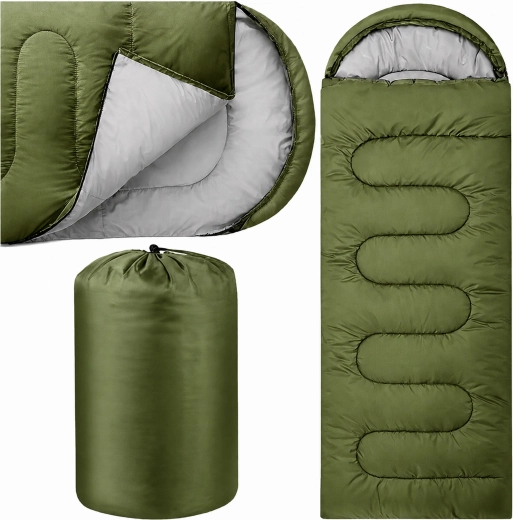 Sac de couchage de randonnée type momie 2-en-1 avec capuche 210 × 70 cm, vert