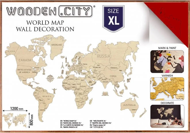 WOODEN CITY carte du monde 3D en bois à accrocher au mur XL – Corail
