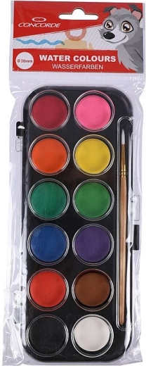 Aquarelles CONCORDE 12 couleurs avec pinceau, 30 mm