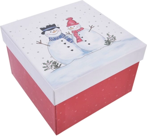 Boîte cadeau en papier avec bonshommes de neige rouge 15,5 × 15,5 × 10 cm