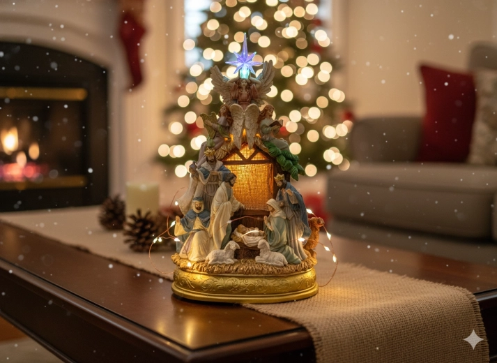 Boîte à musique de crèche LED de Noël avec lumière et mélodies 23 × 16,8 × 41 cm