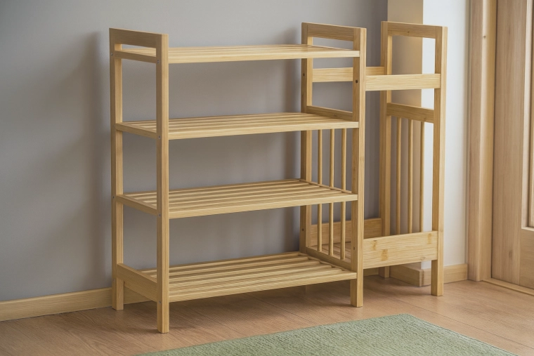 Étagère en bambou avec 4 niveaux et compartiment latéral pour parapluies 73,5 × 28 × 66 cm